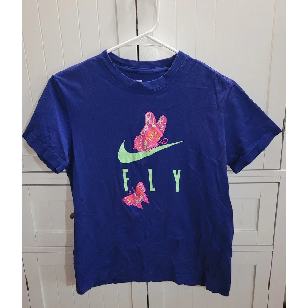 Nike Fly Butterfly Swoosh Graphic T-Shirt Royal Blue youth Medium Short Sleeve